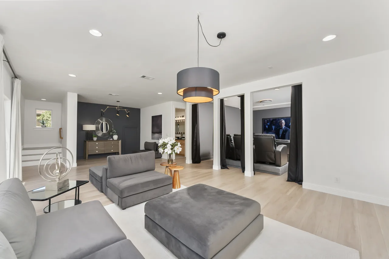 Staged living room with grey furniture