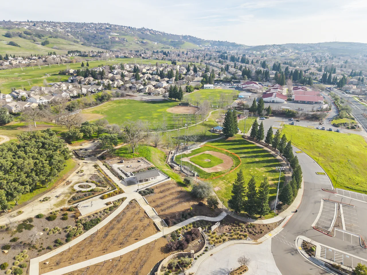 Aerial of Folsom park with ballfield and amphitheater