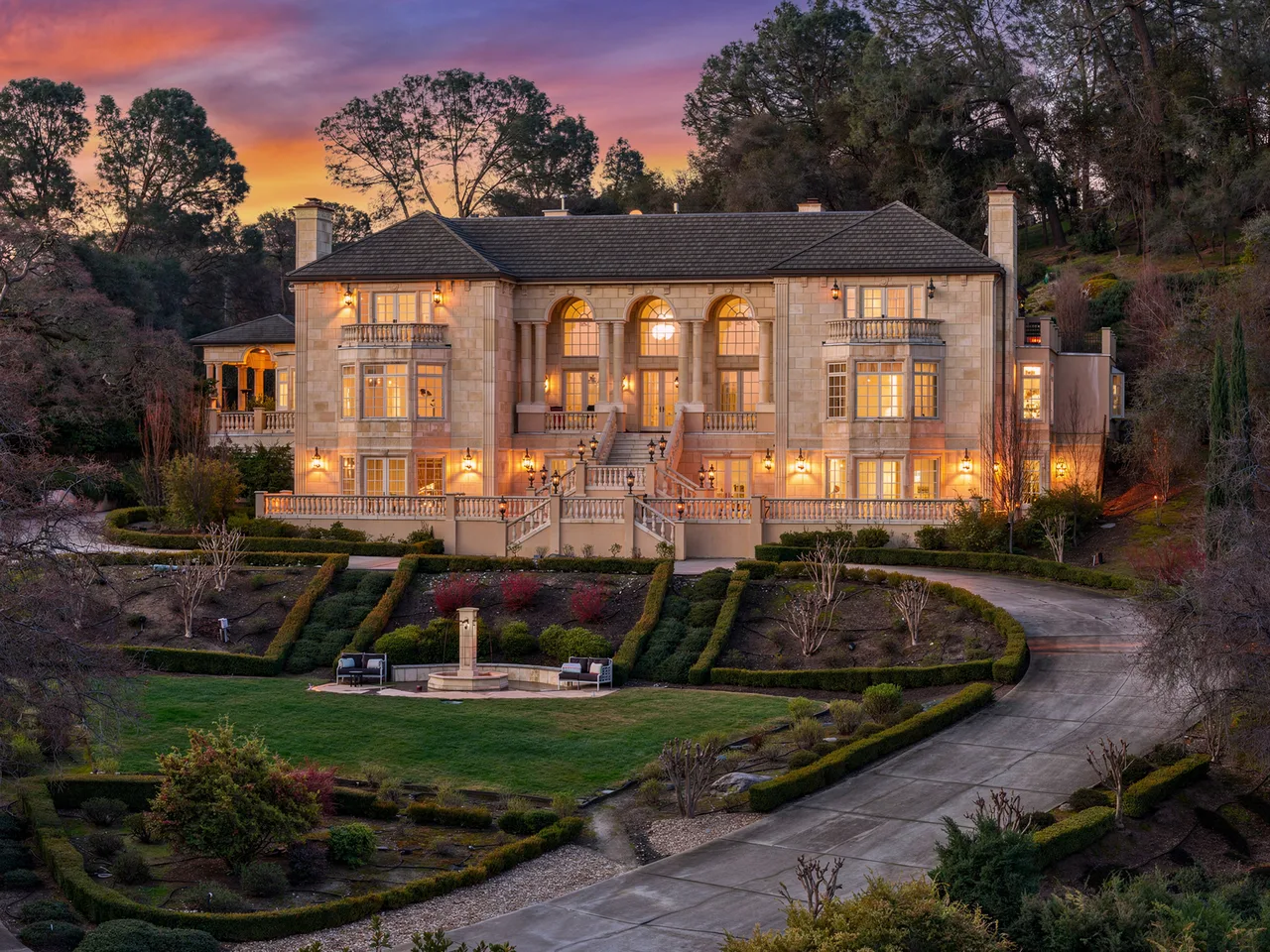 Stone mansion, formal gardens